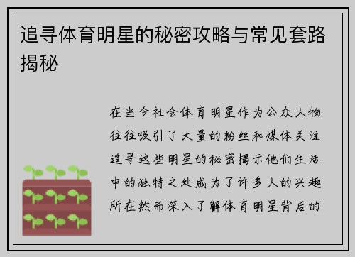 追寻体育明星的秘密攻略与常见套路揭秘