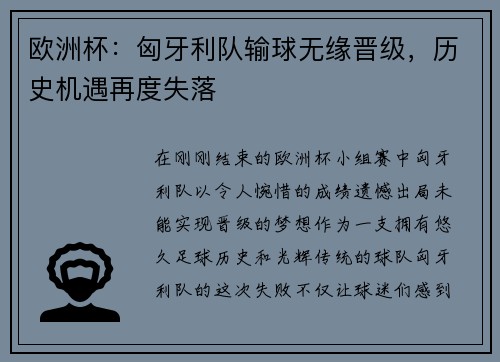 欧洲杯：匈牙利队输球无缘晋级，历史机遇再度失落